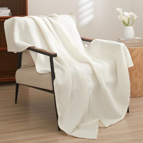 PHF Pre-Washed Cotton Waffle Weave Blanket Throw Size for Couch Bed,Snag Proof Spring Summer Lightweight Breathable,Oeko-TEX Certified,Machine Washable, Home Decor Gift???Cream