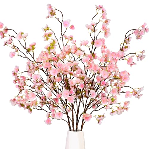 Sunm Boutique Faux Cherry Blossom Branches, Artificial Cherry Blossom Stems Cherry Blossom Flowers Vase Arrangements for Wedding Home Party Kitchen Decor, Light Pink, Set of 3