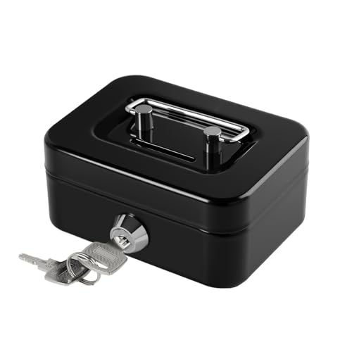 Cash Box with Key, Mini Money Box with key, Portable Money Tin for Home, Office and Events, 11.5 * 8.5 * 6cm(Black-mini)