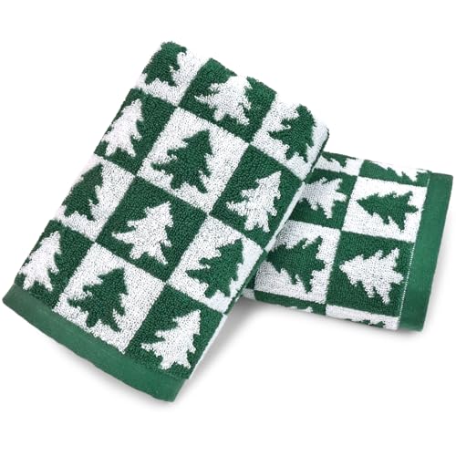 Jacquotha Christmas Hand Towels - 2-Piece Green Checkered & Tree Towels for Bathroom Kitchen Decor, Holiday Winter Cheer, Cotton, 13??? x 29???