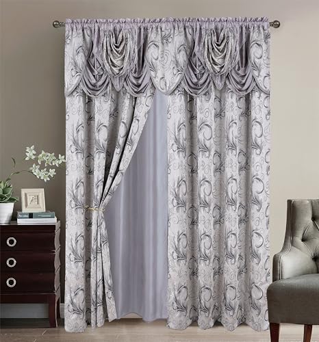 GLORY RUGS Jacquard Luxury 2 Curtain Panel Set with Attached Valance and Backing Bedroom Living Room Dining 54X84 inches Silver Gray