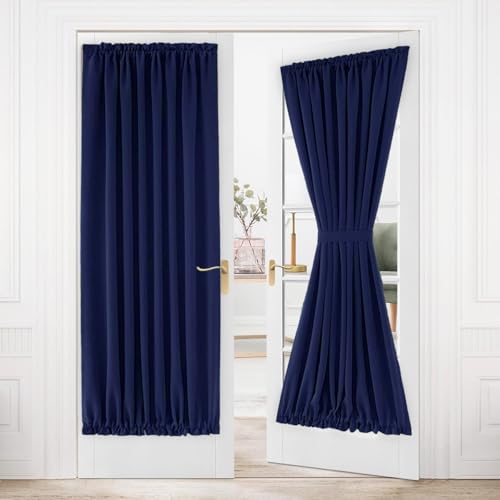 DWCN French Door Curtains ??? Rod Pocket Thermal Blackout Curtain for Doors with Glass Window, Kitchen and Patio Doors for Privacy, 54 X 80 Inches Long, 1 Curtain Panel with Tieback, Dark Blue
