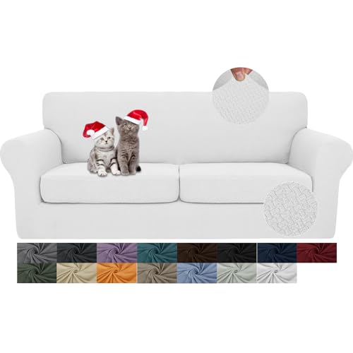 JIVINER 3 Pieces Couch Covers for 2 Cushion Couch Stretch Sofa Slipcover with 2 Extra Large Seat Cushion Covers Thick Fitted Loveseat Sofa Covers for Living Room (XL Loveseat, Off White)