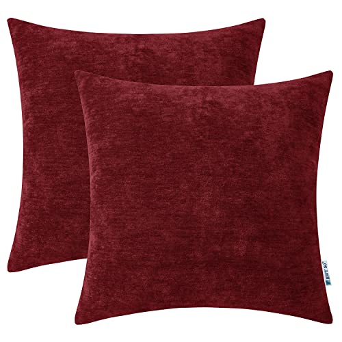 HWY 50 Burgundy Red Chenille Soft Cushion Covers 45 x 45 cm Pack of 2 - Solid Plain, Super Cosy, Modern Classic Decorative Accent, Throw Pillow Covers for Sofa Couch Bed Living Room, Home Decor
