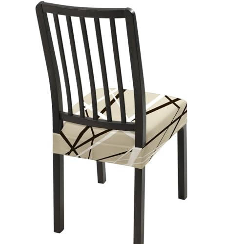 SearchI Stretch Dining Chair Seat Covers Set of 4, Soft Removable Washable Seat Covers for Dining Chairs, Dining Room Seat Cover Slipcover Protector (Rear-Covered, Beige Stripe)