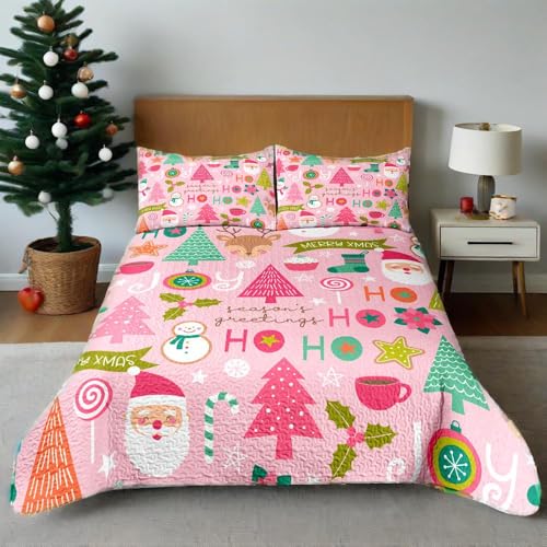 "WHWODIDE Christmas Quilt Set 3 Pieces Winter Decor Lightweight Bedspreads Coverlet Bedding Set with 2 Pillow Shams for All Season (Pink, King(90""x104""))"