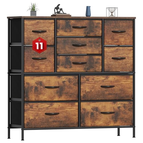 GoaHi Chest of Drawers, Large Dressers with Metal Frame and MDF Wooden Top Board, Adjustable Feet, Anti-Tip Safety, Storage Unit with 11 Drawers for Bedroom, Living Room, Closet, Office
