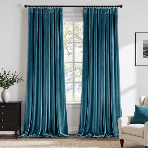 ANRODUO Peacock Blue Velvet Curtains 96 Inches Long Blackout Thermal Insulated Soundproof Curtain Privacy Room Darkening Curtains Pinch Pleat Window Drapes for Bedroom Living Room Set of 2