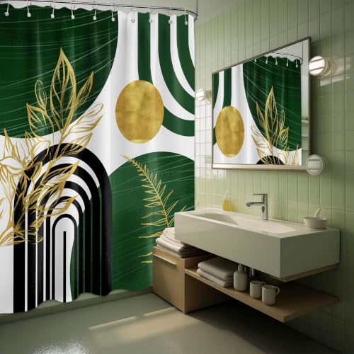 QGHOT Olive Green and Gold Shower Curtain Boho Mid Century Modern Hunter Green Shower Curtains for Bathroom Decor Sets, Waterproof Cloth Fabric with Hooks 60x72in