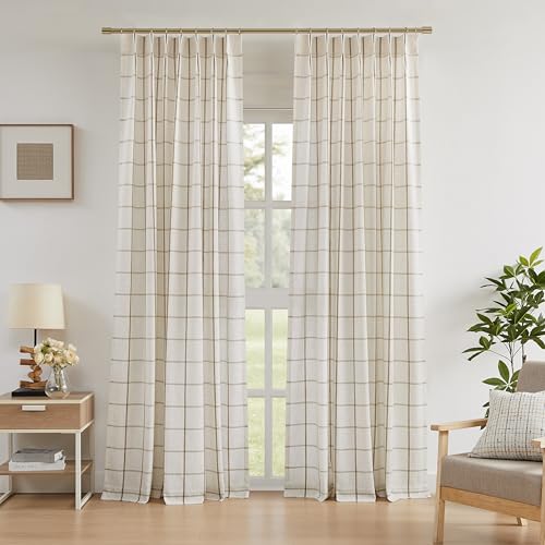 "Vision Home Natural Linen Plaid Pinch Pleated Semi Sheer Curtains Checkered Light Filtering Window Panels 90 inches Long for Living Room Bedroom Farmhouse Pleat Drapes with Back Tab Hooks 60"" Wx90""Lx2"