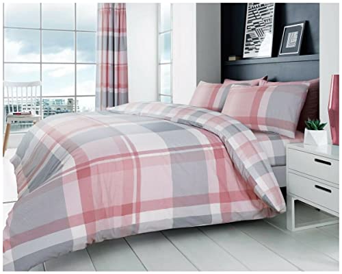 GC GAVENO CAVAILIA Geometric Duvet Cover, Checked Bedding Double Bed Set, Warm & Reversible Quilt Covers, Blush Pink