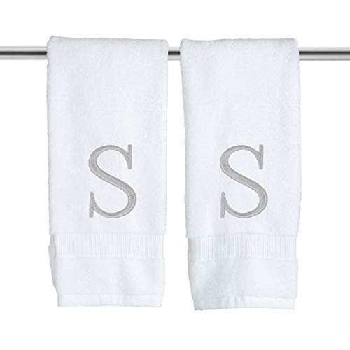 Decorvo Monogrammed Hand Towels for Bathroom - Luxury Hotel Quality Personalized Initial Decorative Embroidered Bath Towel for Powder Room, Spa - GOTS Organic Certified - Set of 2 Letter S