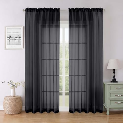 "Lecloud Black Sheer Curtains 84 Inches Long 2 Panels, Balance Light & Privacy Bedroom Living Room Dining Room Window Treatments, Solid Voile Curtain Drapes with Dual Rod Pocket, 59"" W x 84"" L"