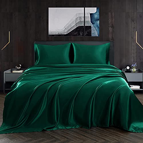 Homiest Split King Blackish Green Deep Pocket Satin Sheets, 5-Piece - 15-Inch Deep Pocket Design, Silky Soft for Hair And Skin, Wrinkle And Fade Resistant, Machine Washable, Glossy Finish
