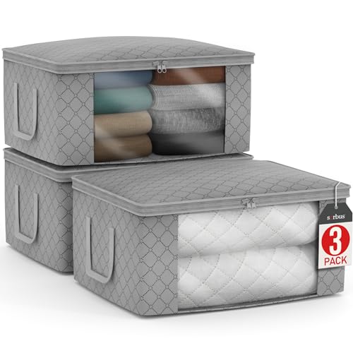 Sorbus Foldable Storage Bag Organizers, Large Clear Window & Carry Handles, Great for Clothes, Blankets, Closets, Bedrooms, and more (3-Pack, Gray)