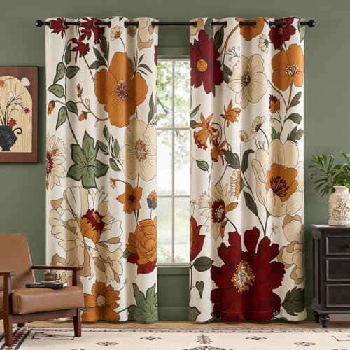 "Lazzzy Floral Curtains for Bedroom Living Room Faux Linen Vintage Blackout Curtains 84 Inches Long Room Darkening Drapes Grommet Flower Patterned Window Treatments Set of 2 Panels, 52"" x 84"", Beige"
