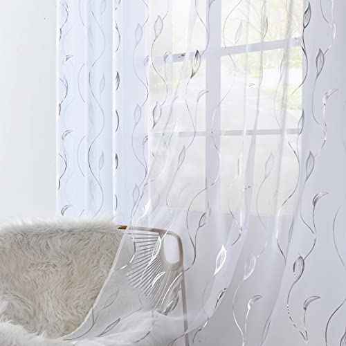 youleyar Silver Foil Print Voile Sheer Curtains,Wicker Grommet Top Window Drapes 63 Inches Long, Luxury Metallic Bronzing Treatment Panels for Home Window Decoration, 2 Panels