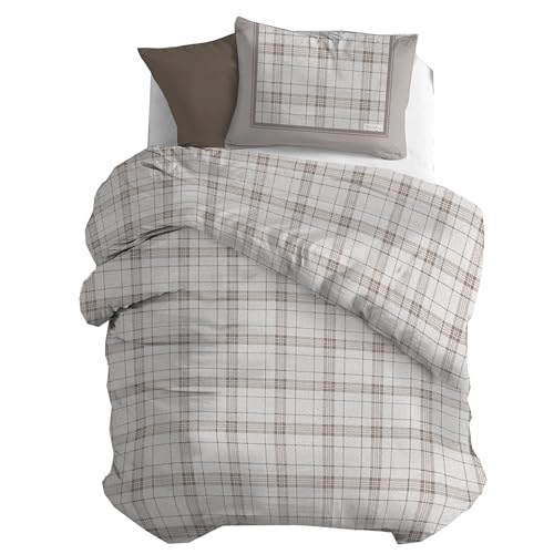 PENSIERI DELICATI 100% Cotton Flannelette Single Duvet Cover Set, 155 x 200 cm Bag and Pillowcase 52 x 82 cm, Made in Italy, Duvet Cover Machine Washable at 40 °, Turin Beige Pattern