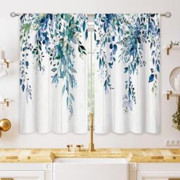 Oolygoo Farmhouse Teal Eucalyptus Small Kitchen Curtains Blue Leaves Window Treatment Turquoise Wooden Cafe Short Curtains for Bathroom Dining Laundry Room Botanical Tier Treatment Drapes 27.5x39 inch