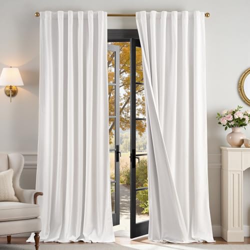 Lazzzy White 100% Blackout Velvet Curtains for Living Room Bedroom 96 Inch Long Soundproof Insulated Lined Drapes Rod Pocket Heat Resistant Modern Neutral Window Treatments 2 Panels Set