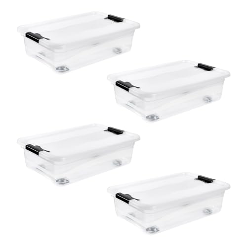 keeeper Konrad 4 x Storage Box with Wheels, Lid and Sliding Closure, 59.5 x 39.5 x 18 cm, 28 L, Transparent