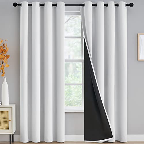100% Blackout Curtains for Bedroom - Triple Weave Grommet Top Thermal Insulated Window Treatment Light Blocking Panels with Black Liner for Living Room/Kids Room, Greyish White, W52 x L84, 2 Panels