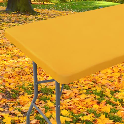 "Moosfor Spandex Picnic Table Cloth, Elastic Fitted Tablecloths for 4 Foot Rectangle Tables, Stretch Washable Patio Table Cover for Outdoor, Camping, Banquet and Parties (Mustard Yellow, 30""x48"")"