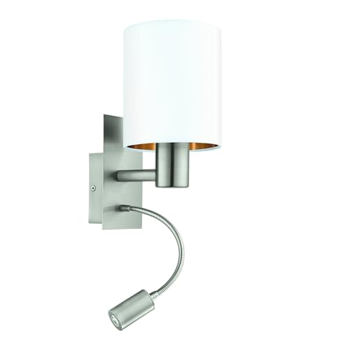 Eglo Wall Lamp Bed Pasteri - textile wall light for bedroom with LED reading light, metal wall mount in silver, fabric in white and copper, E27 socket