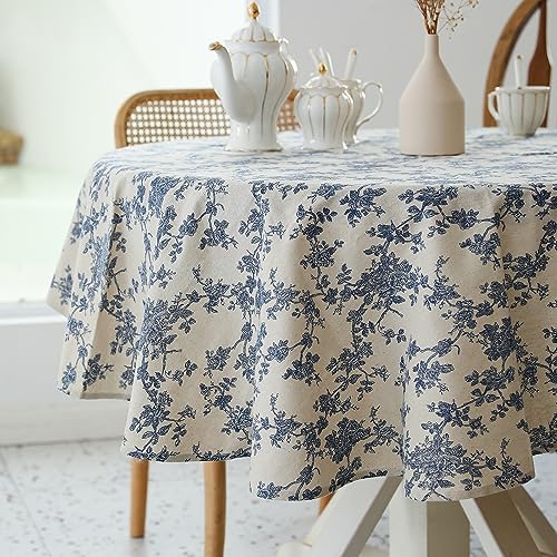 Pastoral Round Tablecloth - 48 Inch Dia. - Beige Linen Table Cloth - Washable Table Cover with Dust-Proof Wrinkle Resistant for Restaurant, Picnic, Indoor and Outdoor Dining, Floral (Dark Blue)