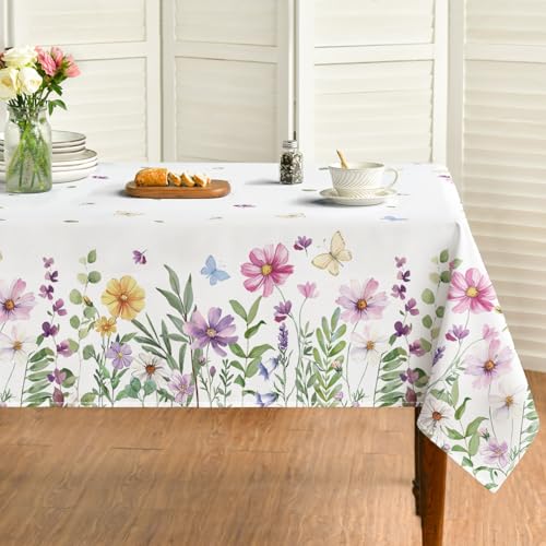 Horaldaily Spring Tablecloth 52??70 Inch, Wildflowers Floral Butterfly Washable Table Cover for Party Picnic Dinner Decor