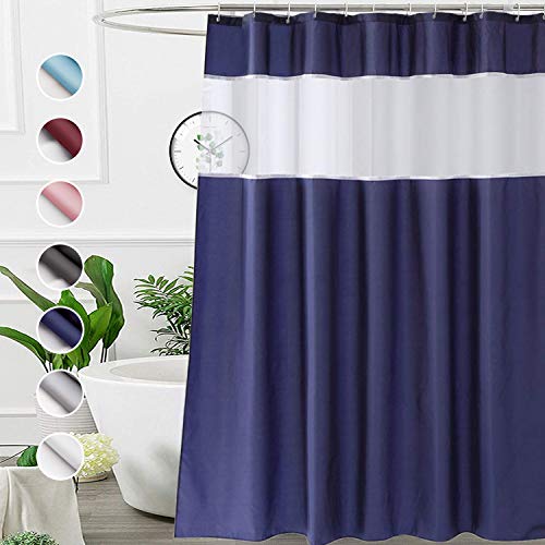 UFRIDAY Navy Blue Shower Curtain???72 x 75 Inch Long Fabric Shower Curtain Water Repellent with Window for Bathroom, with 12 Hooks