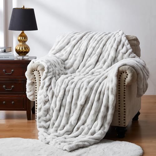 "WDCOZY Ruched Faux Fur Throw Blanket Soft Cozy Fluffy Luxurious Blankets Couch Bed Sofa Chair Home Decor Warm Furry Fall Winter Plush Rabbit Fur Bubble Blanket 60"" x 80"", Grey"