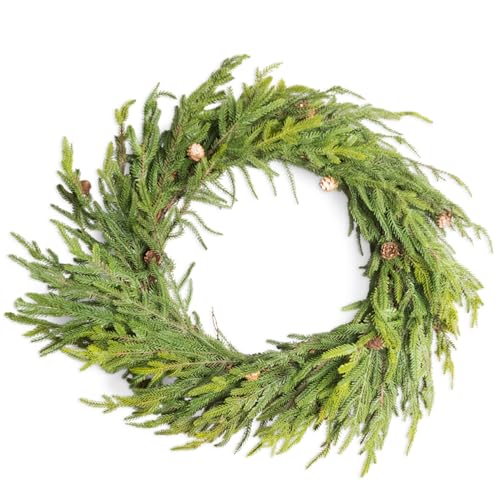 SHATCHI Araucaria Wreath Set 80cm Hanging Wreaths PE Artificial Green Wreath with Mini Pine Cones Real Touch Feeling Fire-Resistant Bendable Wire for Winter Christmas Front Door Decor