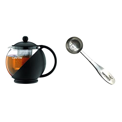 Caf?? Ol?? Grunwerg Caf?? Ole Loose Leaf Everyday Round Tea Pot Infuser Basket Glass Teapot, Black & Tea People Measuring Spoon for Loose Leaf Tea, 1 Perfect Cup Size S/Steel, Silver
