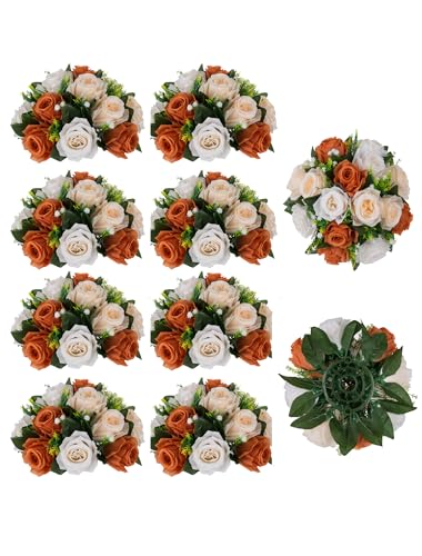 BLOSMON Flower Balls Wedding Rose Centerpieces 10 Pcs Terracotta Fake Flowers Kissing Balls Decor Artificial Floral Arrangements Silk Flower Bouquet with Base Home Party Room Table DIY Decorations
