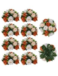 BLOSMON Flower Balls Wedding Rose Centerpieces 10 Pcs Terracotta Fake Flowers Kissing Balls Decor Artificial Floral Arrangements Silk Flower Bouquet with Base Home Party Room Table DIY Decorations