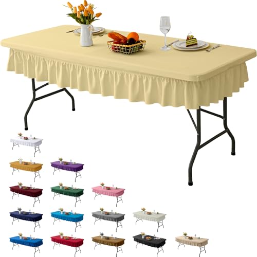 RUOYU 8ft Faint Yellow Stretch Tablecloth for Rectangular Tables - Flared Wrap Design, Waterproof, Wrinkle-Resistant, Washable - Ideal for Weddings, Parties, Banquets & Table Protection