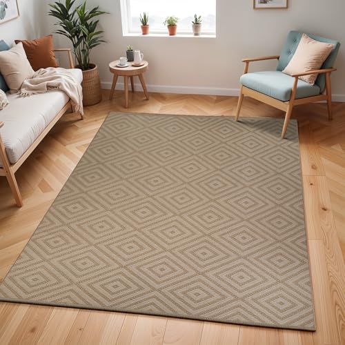 Livabliss Chardy Moladi Washable Carpet 158x213 cm – Geometric Jute Style for Living Room, Dining, Kitchen & Hallway, Boho Design, Tan, Beige & Cream