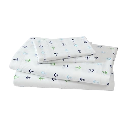 Beatrice Home Fashions Coastal Hotel Collection Easy Care Polyester Sheet Set Anchors Blue Pattern Navy, Green and Sea Blue Anchors on White (KING)