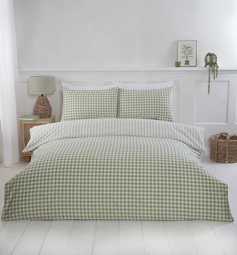 Rapport home Single Duvet Cover Set - Green Checkered Polycotton Bedding with 1 Pillowcase - Soft & Durable Gingham Design for Bedroom (135 x 200cm)