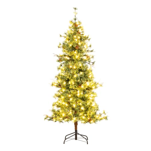 GYMAX 6FT Pre-lit Christmas Tree, Artificial Hinged Xmas Tree with 200 Warm White LED Lights, 370 PVC Pine Needles, Natural Pine Cones, Holiday Seasonal Decoration Tree