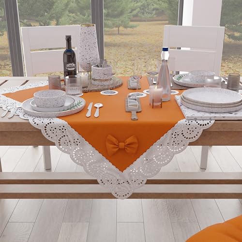 PETTI Artigiani Italiani - Square table topper, cotton with Sangallo lace trim and bows, 95 x 95 cm, Orange