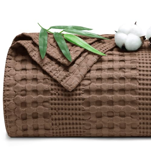 "PHF Cooling Waffle Blanket California King Size, Lightweight 60% Rayon from Bamboo & 40% Cotton Breathable Blanket for Hot Sleepers, Spring Summer, Soft Luxury for Bed Couch Sofa, 110""x96"", Chocolate"