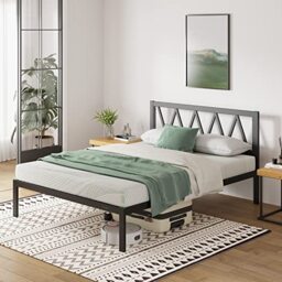 Novilla 30.5cm Metal Bed Frame, 5FT Platform Bed Frame with Headboard, Engineered Wood Slat Support, Solid Support Leg, Easy Assembly, Noise-cancelling Design, Underbed Storage Space, 150x190cm, Black