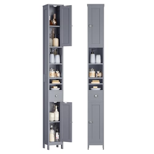 VASAGLE Tall Bathroom Cabinet, Slim Bathroom Storage Cabinet, Freestanding Narrow Storage Unit with Adjustable Shelves, Drawer, Open Compartments, for Small Spaces, Modern, Dove Grey BBC765G02
