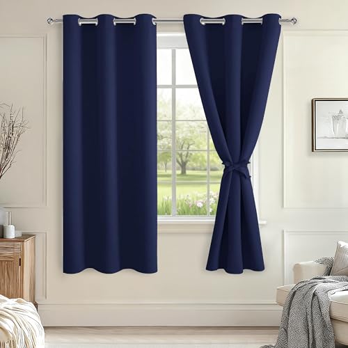 Hiasan Blackout Curtains for Bedroom and Living Room, Light Blocking, Noise Reducing Window Curtain Panels, Tiebacks Included, Set of 2, Grommet Top (Navy Blue, Width 38 Inch x Length 72 Inch)