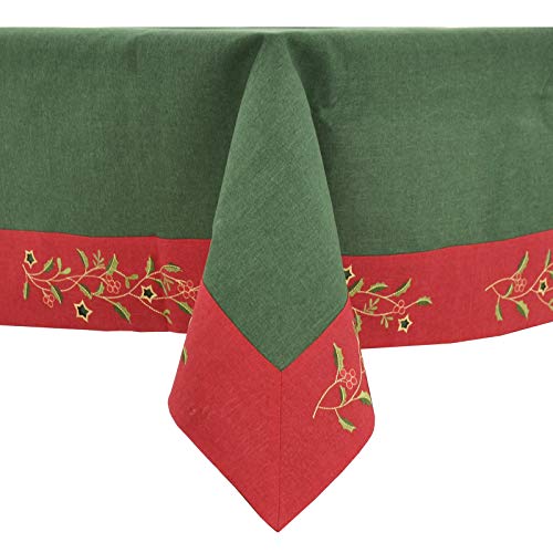 Mr Crimbo Christmas Tablecloth Green Red Fabric Luxury Embroidered Holly Berries Rectangle - 52 x 90