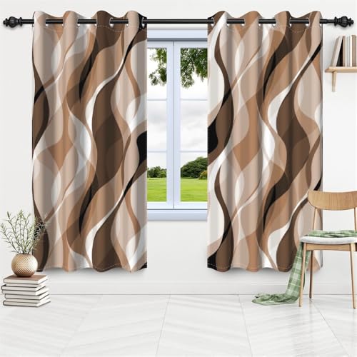 DORCEV Brown Blackout Window Curtains for Living Room Bedroom Decor Coffee Tan Abstract Geometric Wave Lines Window Drapes Modern Minimalist Kitchen Patio Window Treatments,53x84 inch,2 Panels