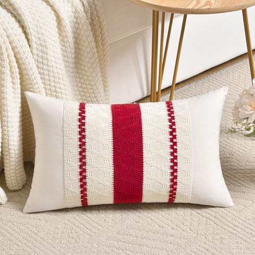 Fancy Homi Set of 1 Boho Red Lumbar Decorative Throw Pillow Cover 12x20 Inch for Couch Bed Sofa Chair, Modern Organic Farmhouse Home Decor, Soft Cotton Cute Accent Rectangle Cushion Case