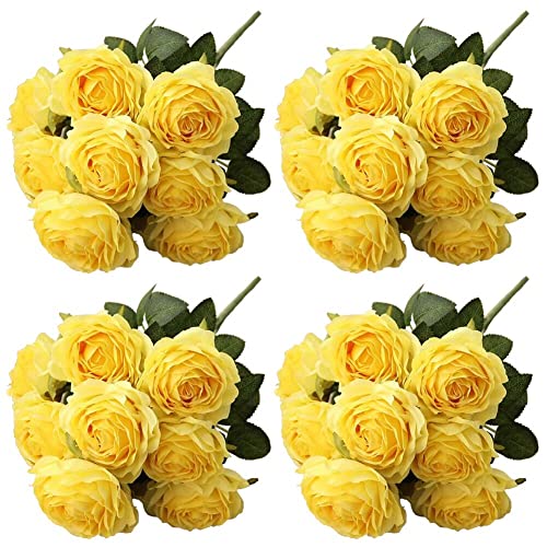 Jasion 4PCS Artificial Roses Flowers 10 Heads Arrangement Silk Bouquet Glorious Moral for Home Office Parties and Wedding Decoration (Yellow 4pcs)